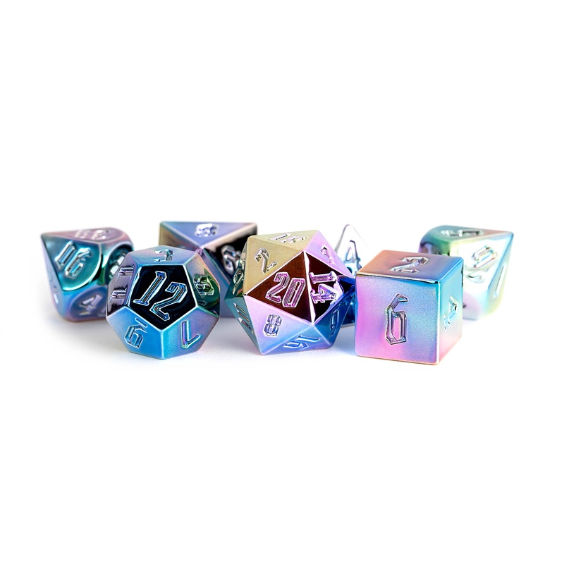 16mm Aluminum Plated Acrylic Poly Dice Set - Rainbow Aegis w/ White Numbers (7)