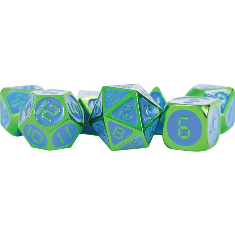 16mm Digital Metal Dice Set - Green w/ Blue Enamel (7)
