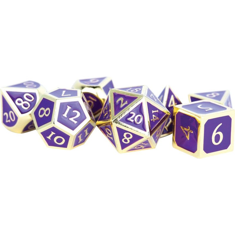 16mm Metal Poly Dice Set - Gold w/ Purple Enamel