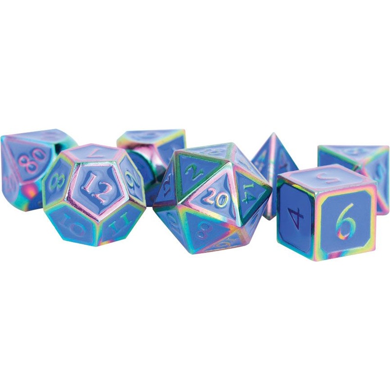 16mm Metal Poly Dice Set - Rainbow w/ Blue Enamel